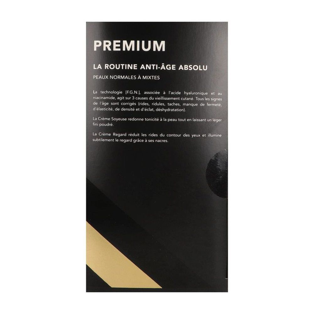 Dos de la boîte noire. Texte: PREMIUM, LA ROUTINE ANTI-ÂGE ABSOLU. Informations sur le produit.