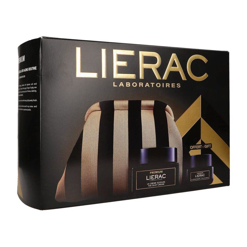 Coffret noir Lierac. Contient une trousse et deux pots. Inscriptions: PREMIUM, LA CREME SOYEUSE. Offert-Gift.