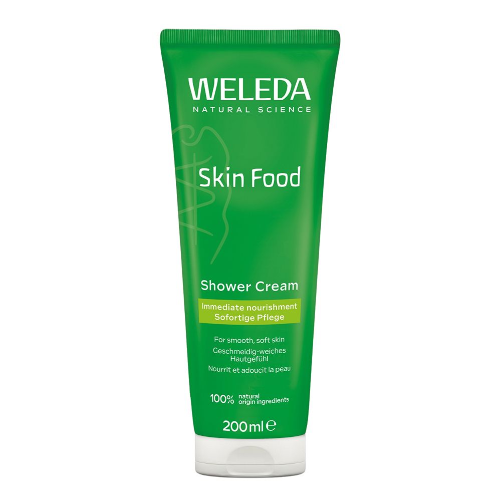 Grüne Tube mit weißem Verschluss. Aufschrift: WELEDA, Skin Food, Shower Cream. 200ml. Naturkosmetik.