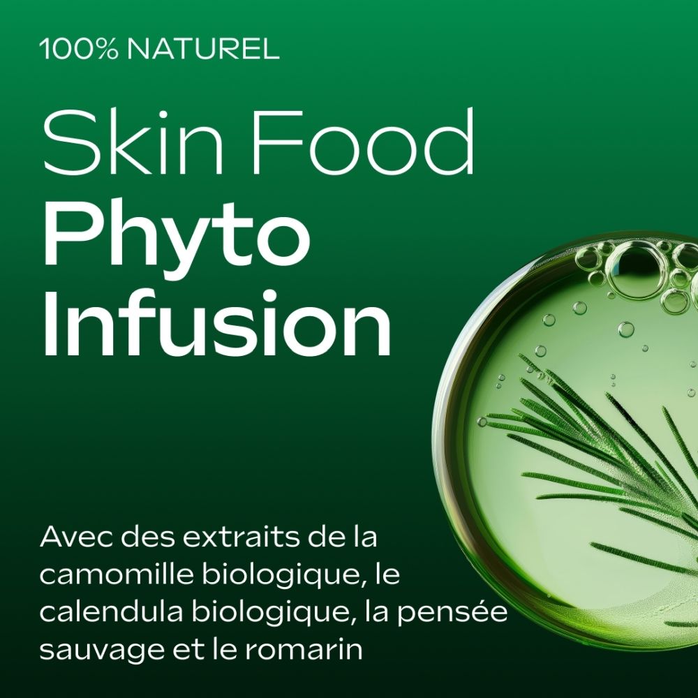 Grüner Hintergrund mit einem Kreis aus Öl und einem Rosmarinzweig darin. Text: 100% Naturell, Skin Food Phyto Infusion.