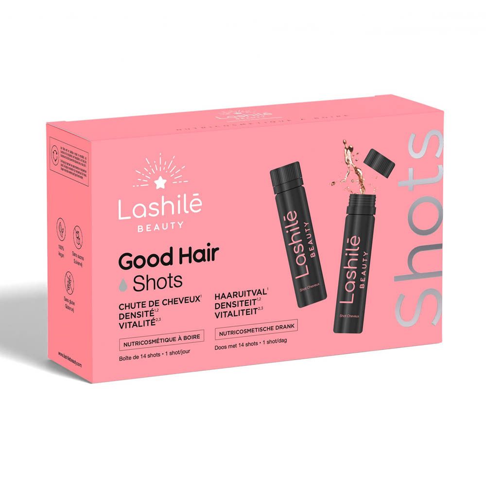Boîte rose Lashilé Beauty Good Hair Shots. Contient des shots et le nom du produit.
