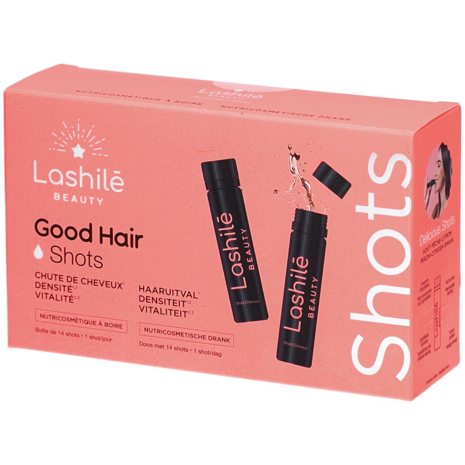 Boîte rose Lashilé Beauty Good Hair Shots. Contient des shots et le nom du produit.
