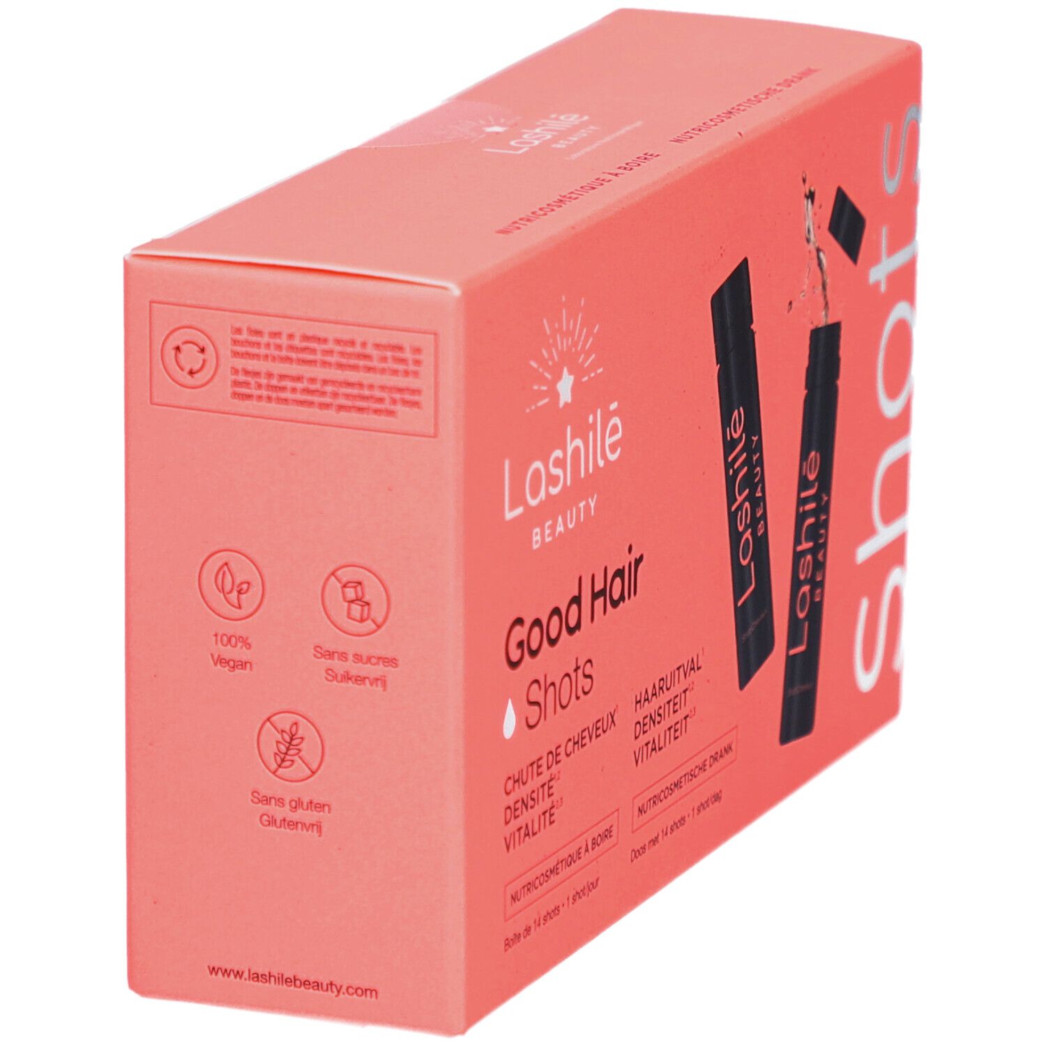 Boîte rose Lashilé Beauty Good Hair Shots. Contient des logos et du texte.