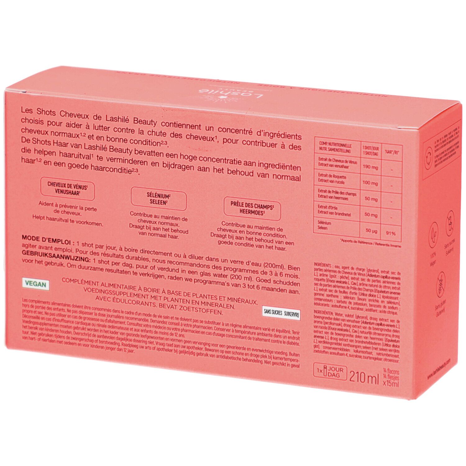 Boîte rose Lashilé Beauty Good Hair Shots. Contient des informations.