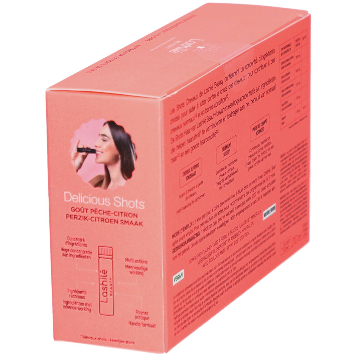 Boîte rose Lashilé Beauty Good Hair Shots. Contient des informations et une femme.