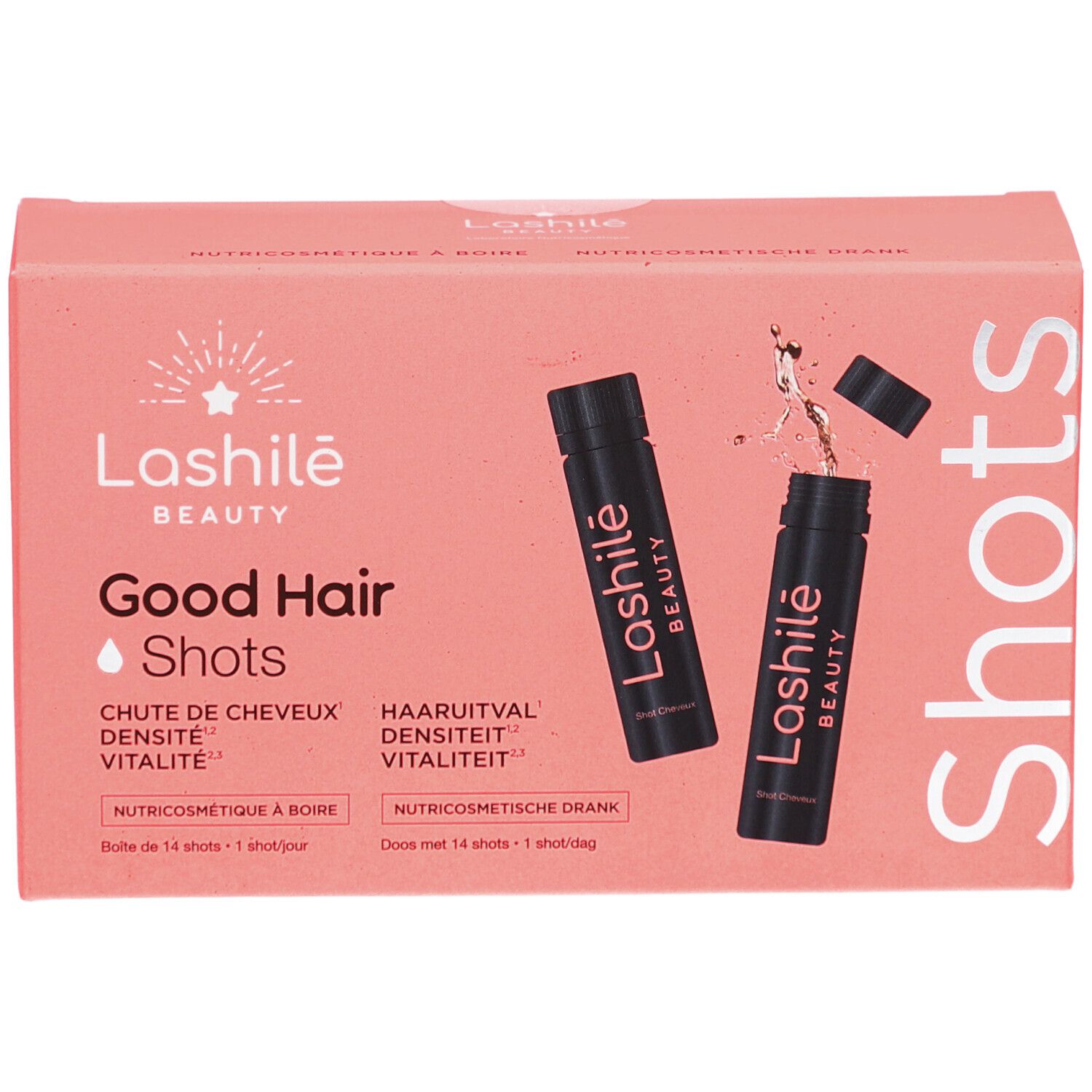 Boîte rose Lashilé Beauty Good Hair Shots. Contient des shots et le nom du produit.