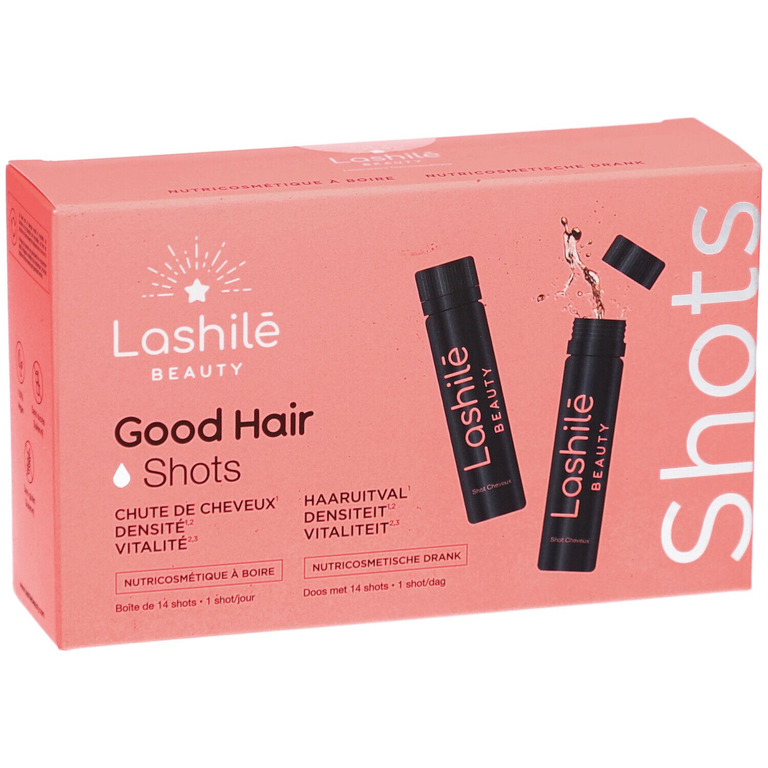 Boîte rose Lashilé Beauty Good Hair Shots. Contient des shots et le nom du produit.