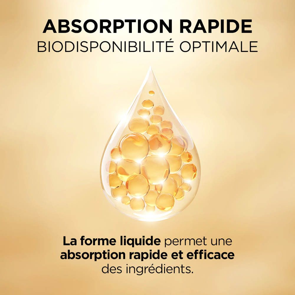 Liquide jaune avec gouttes. Texte: Absorption rapide, biodisponibilité optimale.