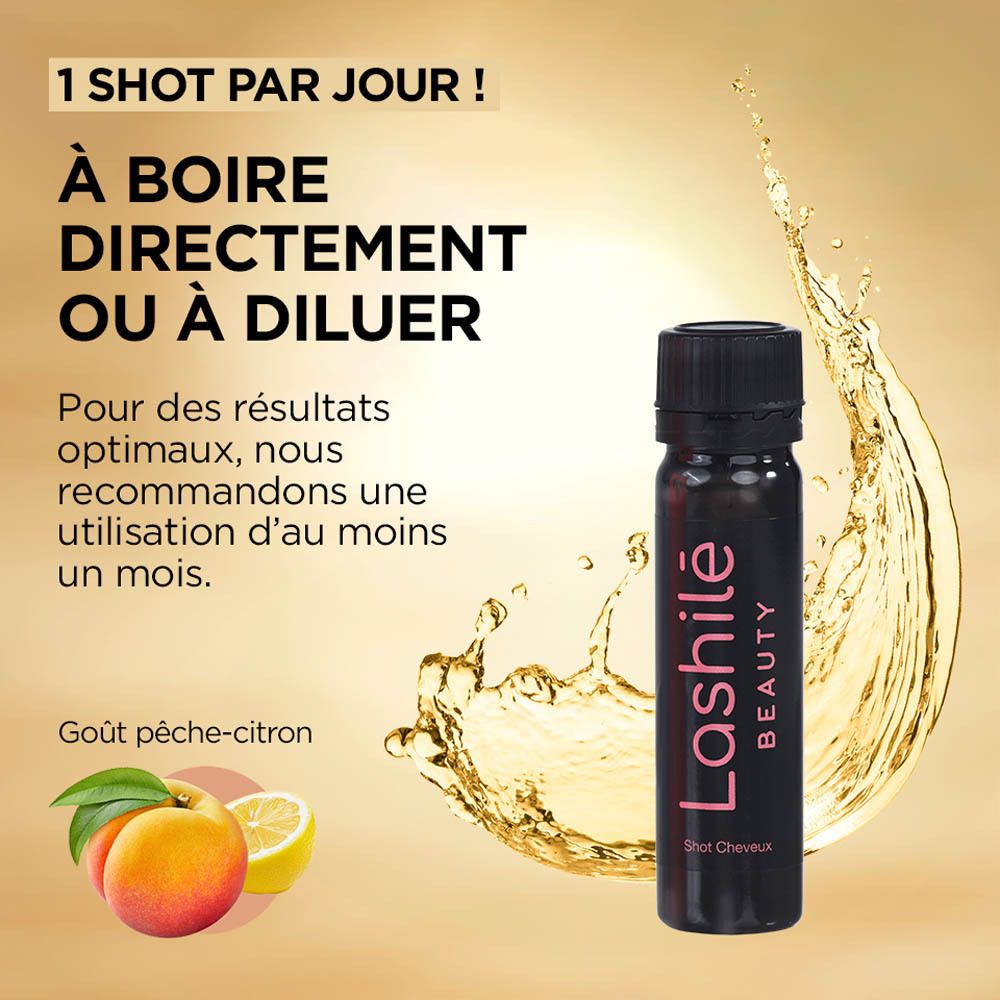 Une femme boit un shot. Texte: 1 shot par jour ! Goût pêche-citron.
