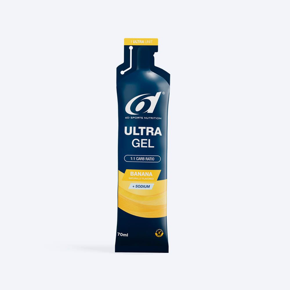 6d Ultra Gel Banana. Emballage individuel, gel bleu avec nom du produit, saveur banane, + sodium. 70ml.