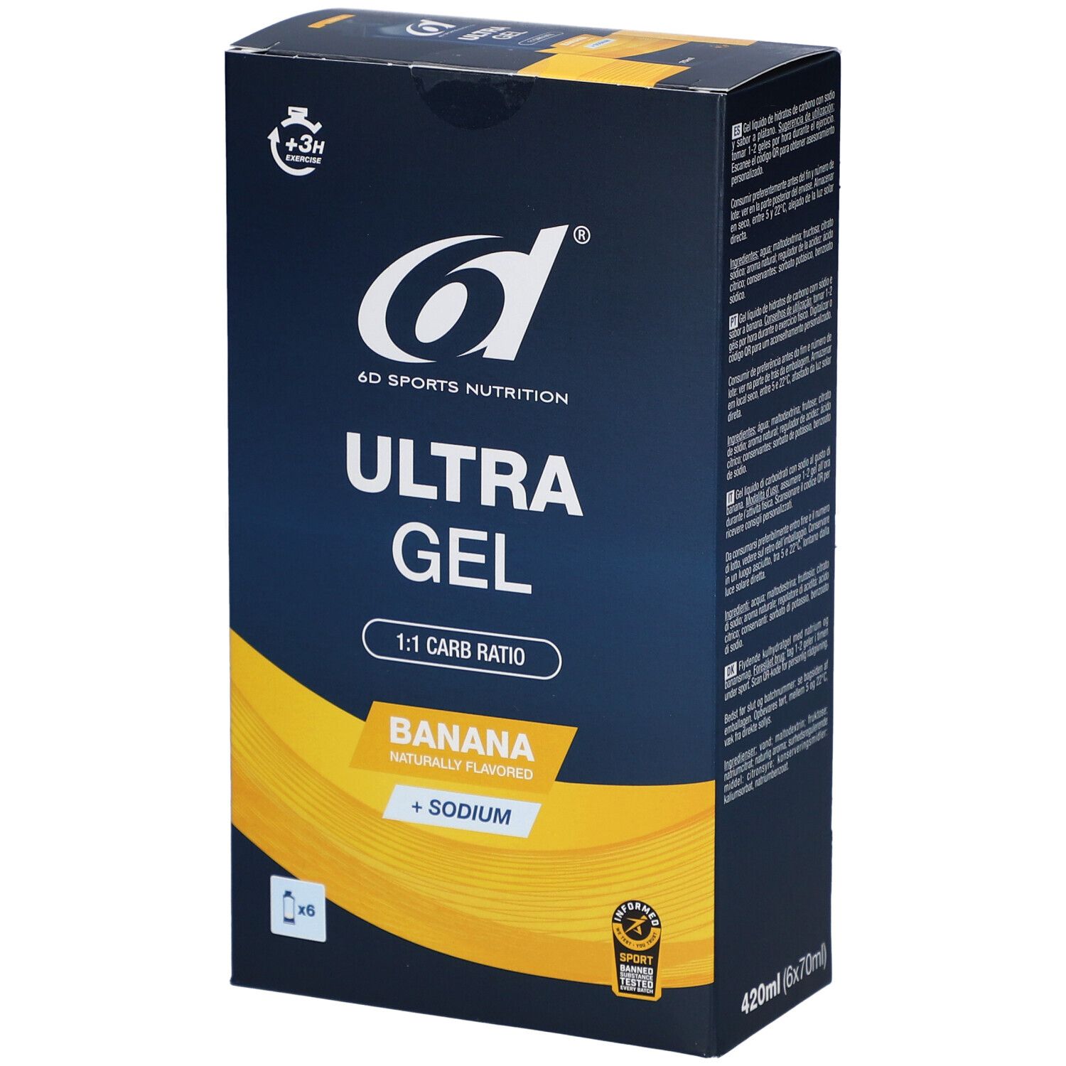 6d Ultra Gel Banana. Blaue Schachtel mit Produktnamen, Banane-Geschmack, + Natrium. Enthält 6 Beutel. Mit Zertifizierung.