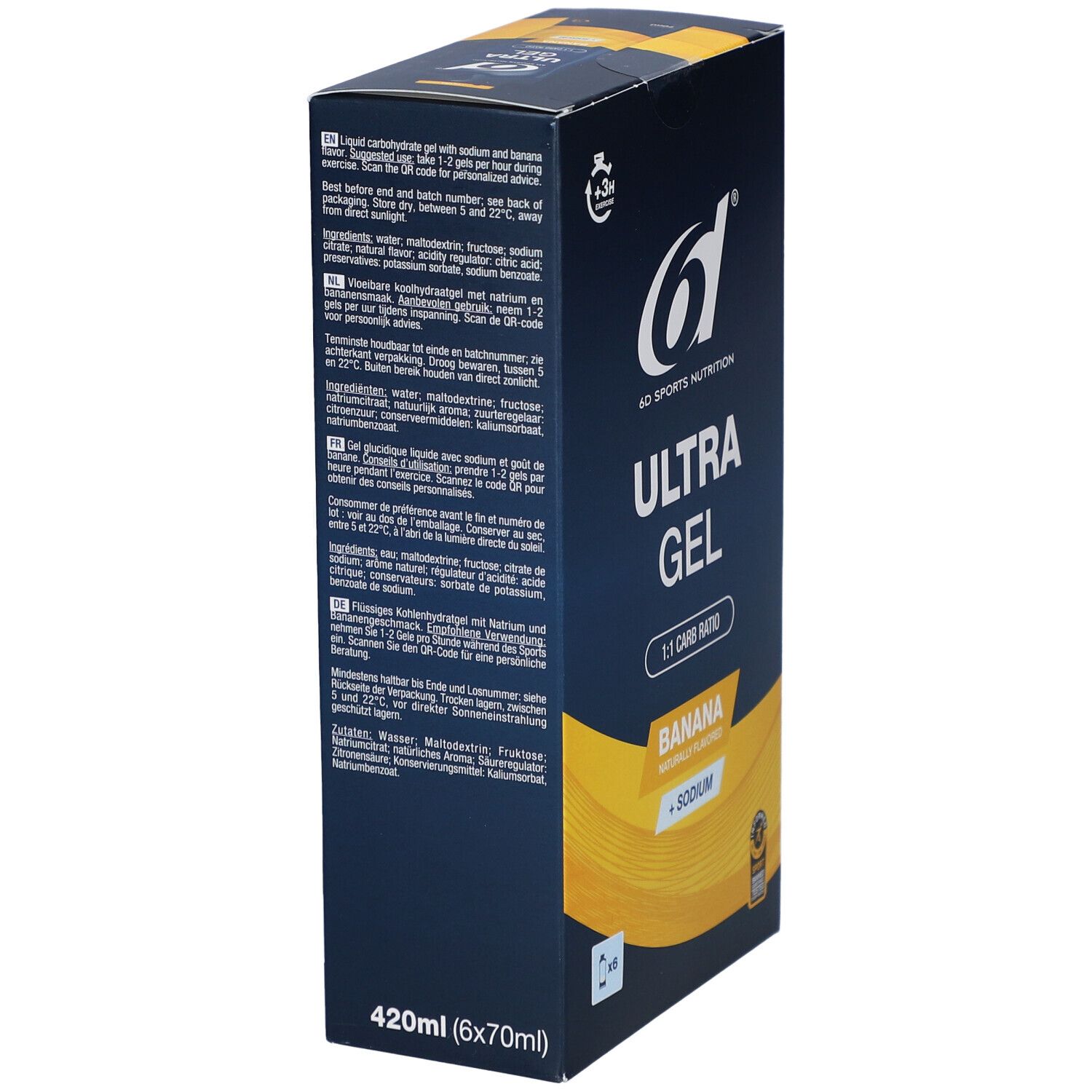 6d Ultra Gel Banana. Blaue Schachtel mit Produktinformationen, QR-Code und Inhaltsstoffen. 420ml (6x70ml).