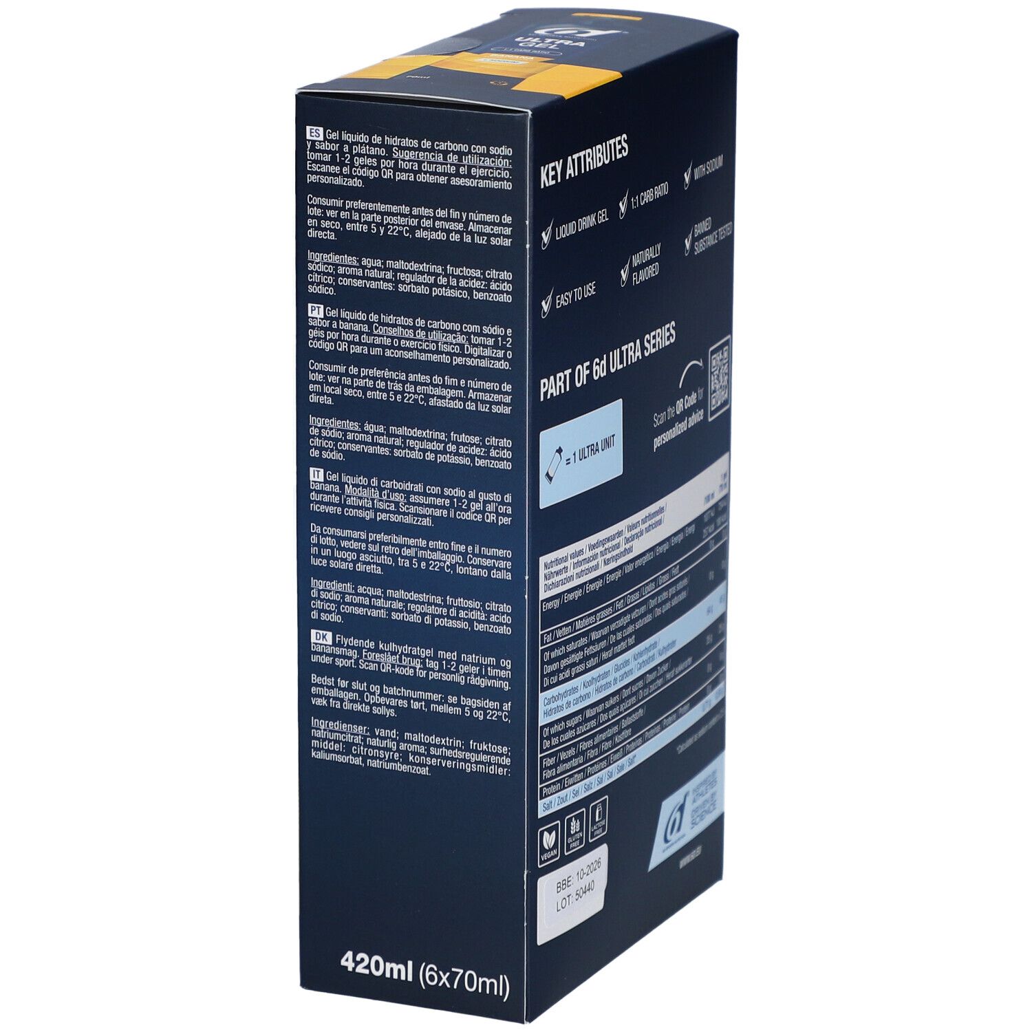 6d Ultra Gel Banana. Blaue Schachtel mit Produktmerkmalen, Nährwertangaben und QR-Code. 420ml (6x70ml).