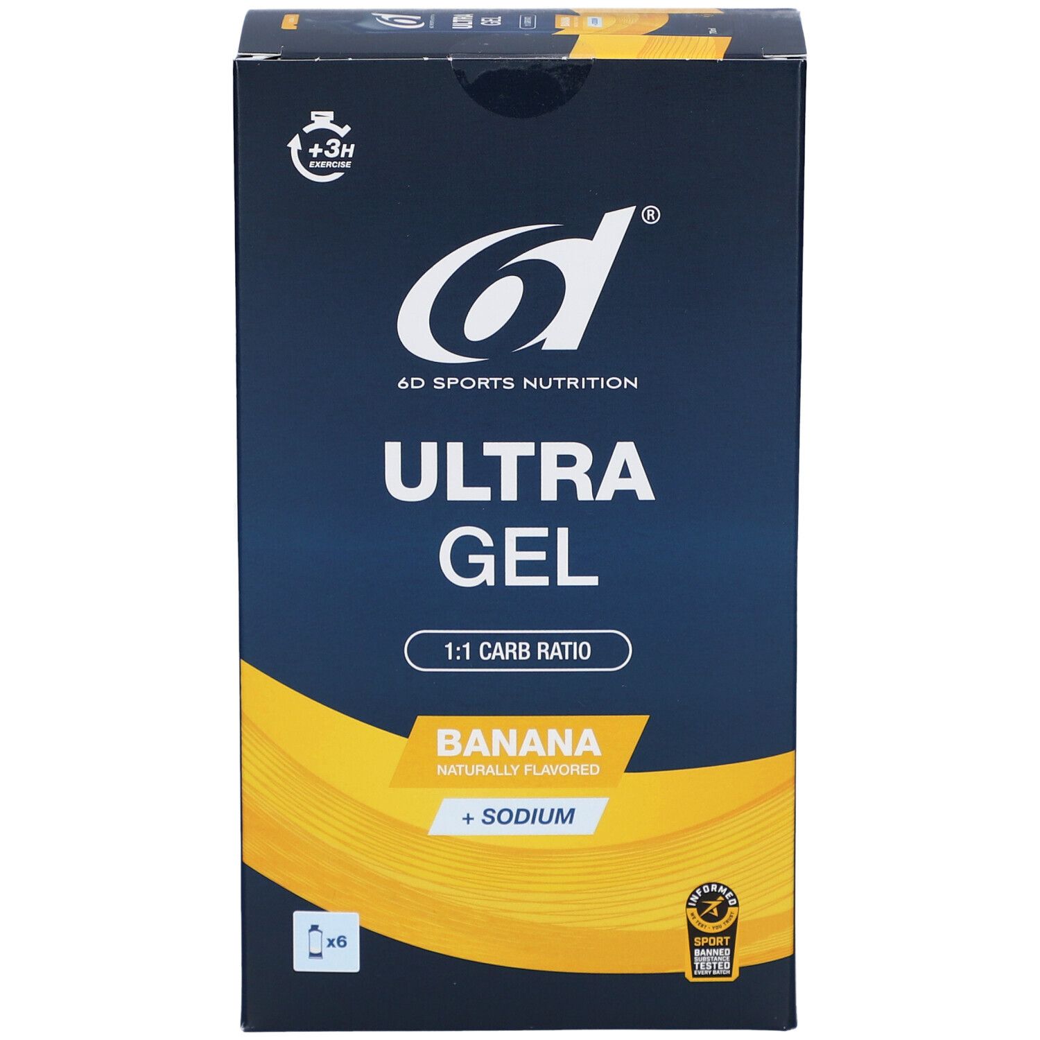 6d Ultra Gel Banana. Blaue Schachtel mit Produktnamen, Banane-Geschmack, + Natrium. Enthält 6 Beutel. Mit Zertifizierung.