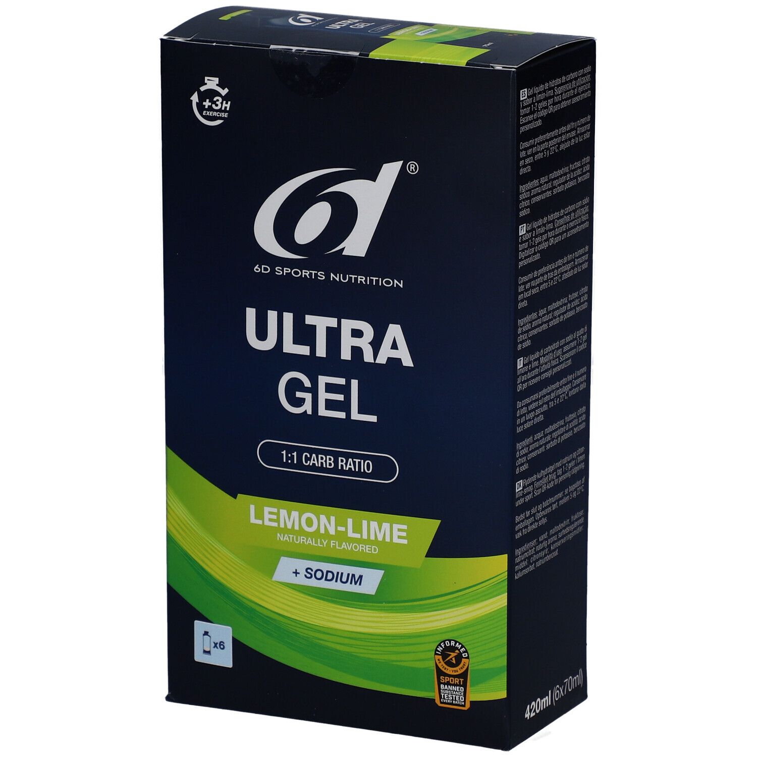 6d Ultra Gel Lemon-Lime Box. Enthält 6 Beutel. Mit Logo, Produktname, Geschmacksangabe und Zertifizierung.