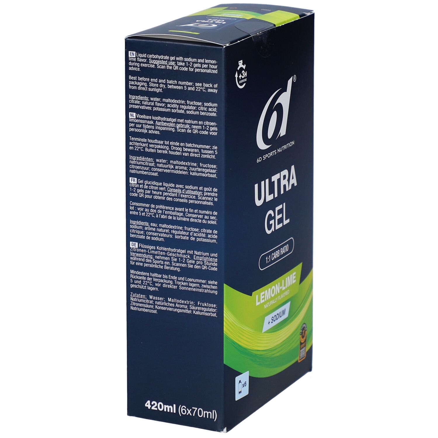 6d Ultra Gel Lemon-Lime Box. Seitenansicht mit Produktinformationen und Inhaltsstoffen. 420ml (6x70ml).