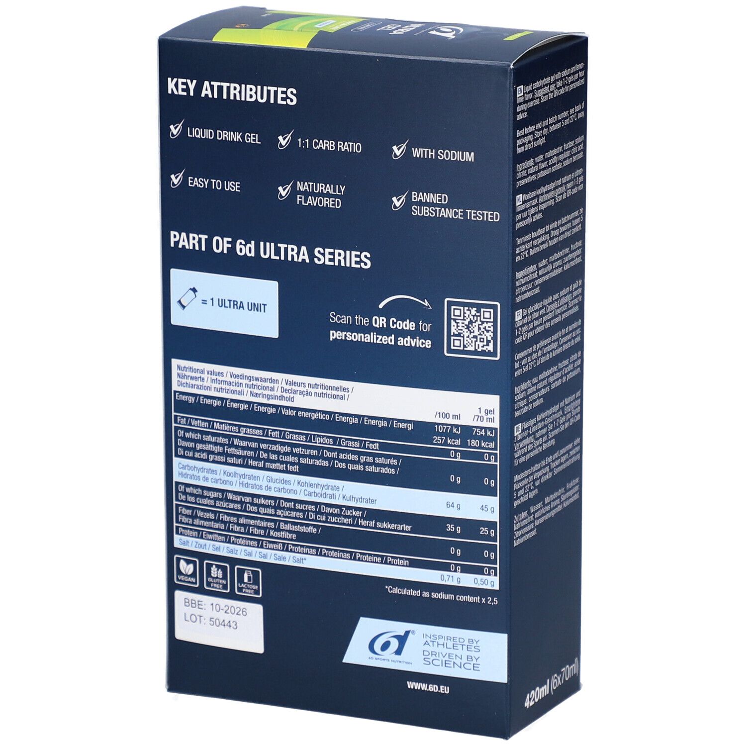 6d Ultra Gel Lemon-Lime Box. Rückseite mit Produktmerkmalen und Nährwertangaben. QR-Code.