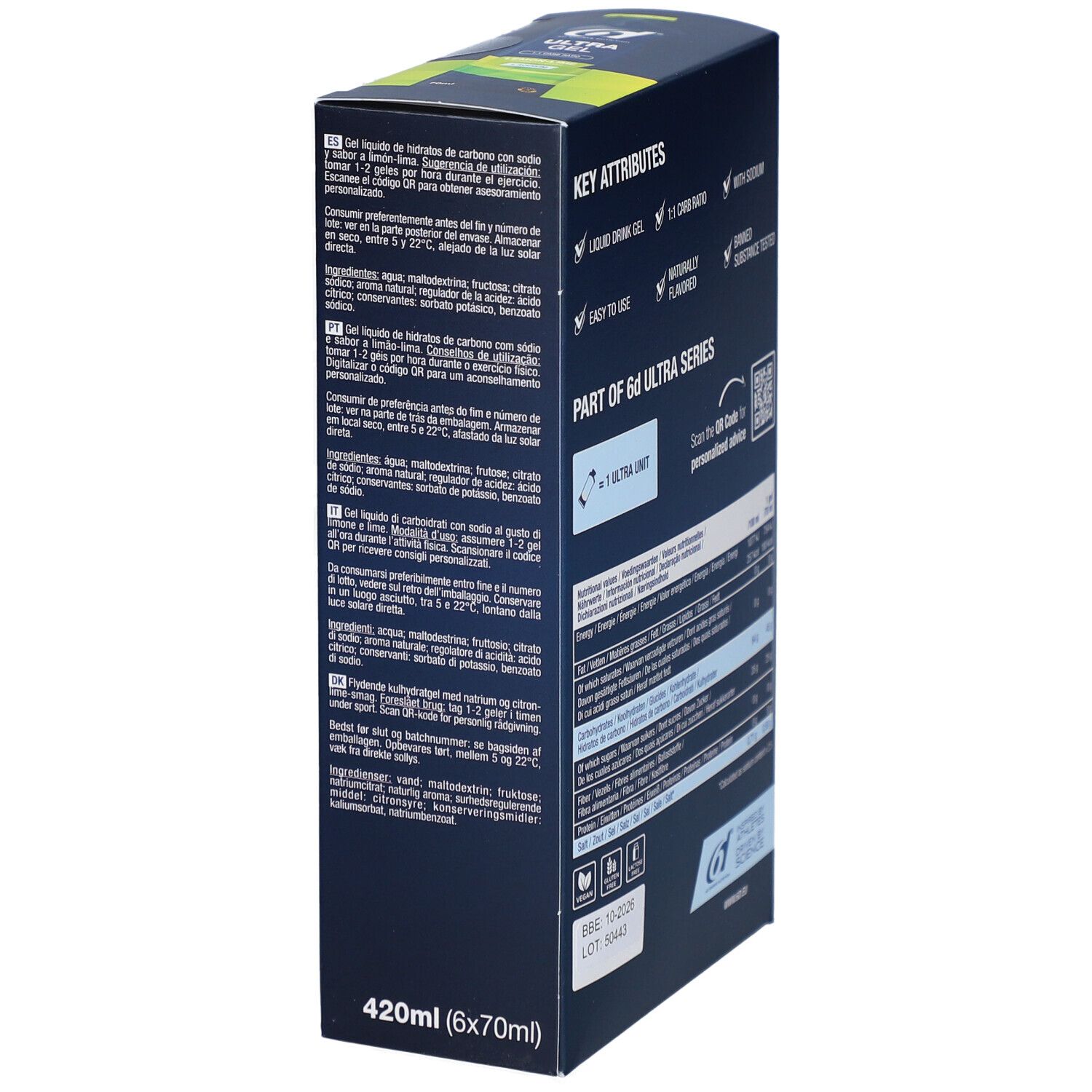 6d Ultra Gel Lemon-Lime Box. Rückseite mit Produktinformationen in verschiedenen Sprachen. 420ml (6x70ml).
