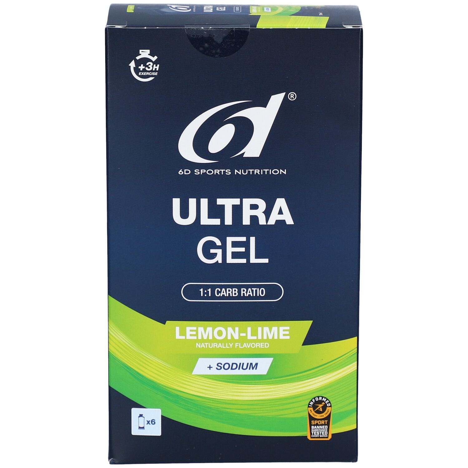6d Ultra Gel Lemon-Lime Box. Enthält 6 Beutel. Produktname, Geschmacksangabe und Logo deutlich sichtbar.