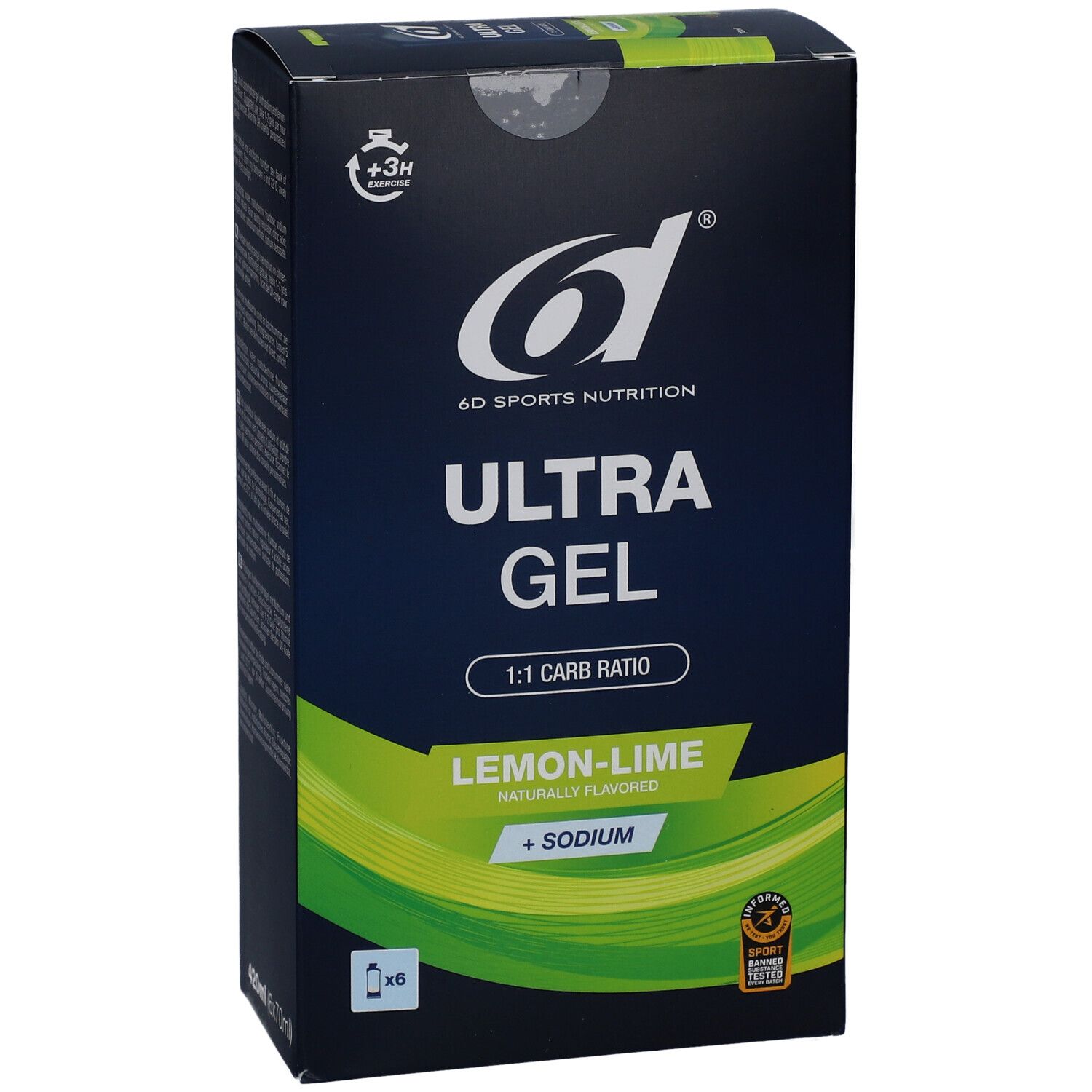 6d Ultra Gel Lemon-Lime Box. Produktname, Geschmacksangabe und Logo. Enthält 6 Beutel.