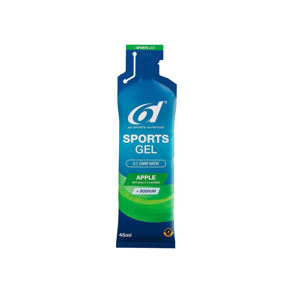 6d Sports Nutrition Sports Gel Pomme. Sachet individuel bleu-vert. 45ml. Nom du produit et logo.