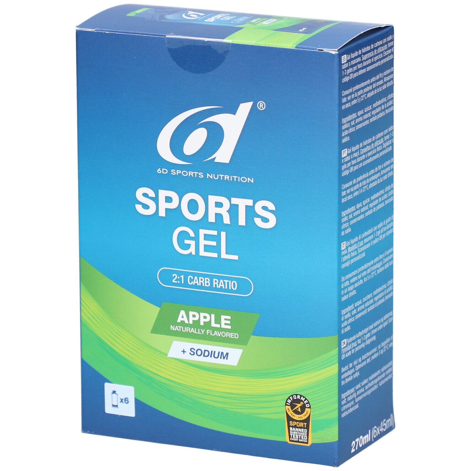 6d Sports Nutrition Sports Gel Pomme. Karton mit 6 Beuteln. Blaue Verpackung mit Produktnamen und Logo.