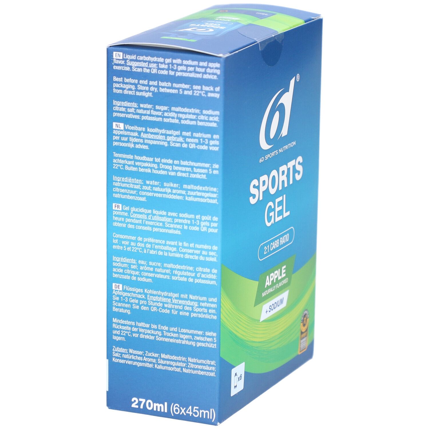 6d Sports Nutrition Sports Gel Pomme. Blaue Verpackung mit Produktinformationen und Logo. Enthält 6 Beutel.