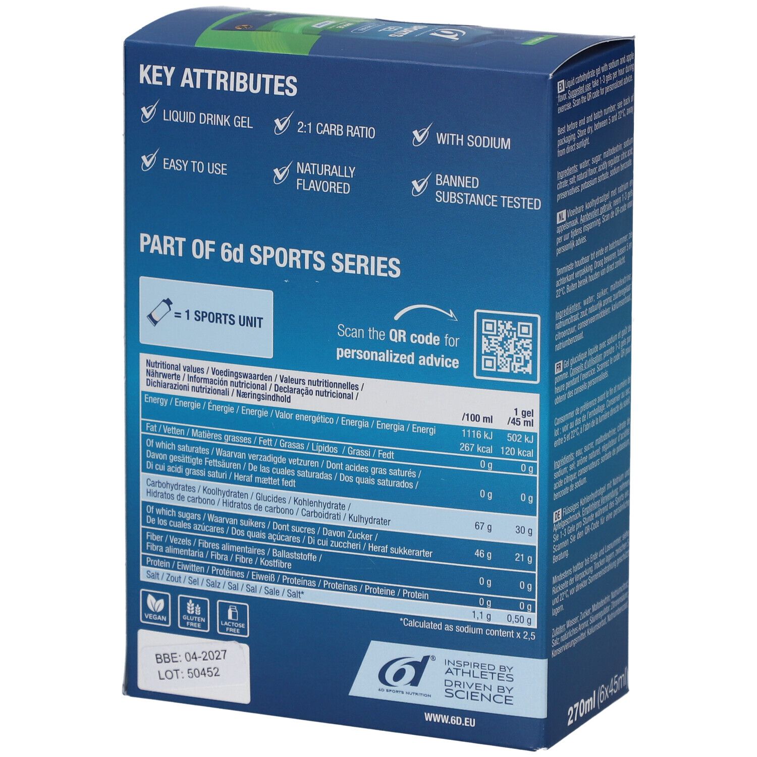 6d Sports Nutrition Sports Gel Pomme. Rückseite der Verpackung mit Nährwertangaben und Logo. Enthält 6 Beutel.