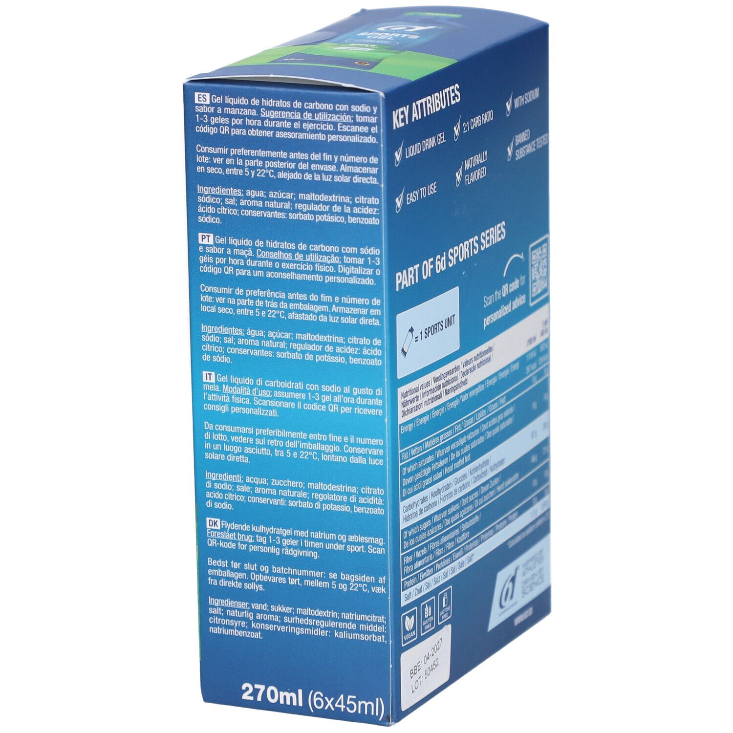 6d Sports Nutrition Sports Gel Pomme. Verpackung mit Produktinformationen und Logo. Enthält 6 Beutel.