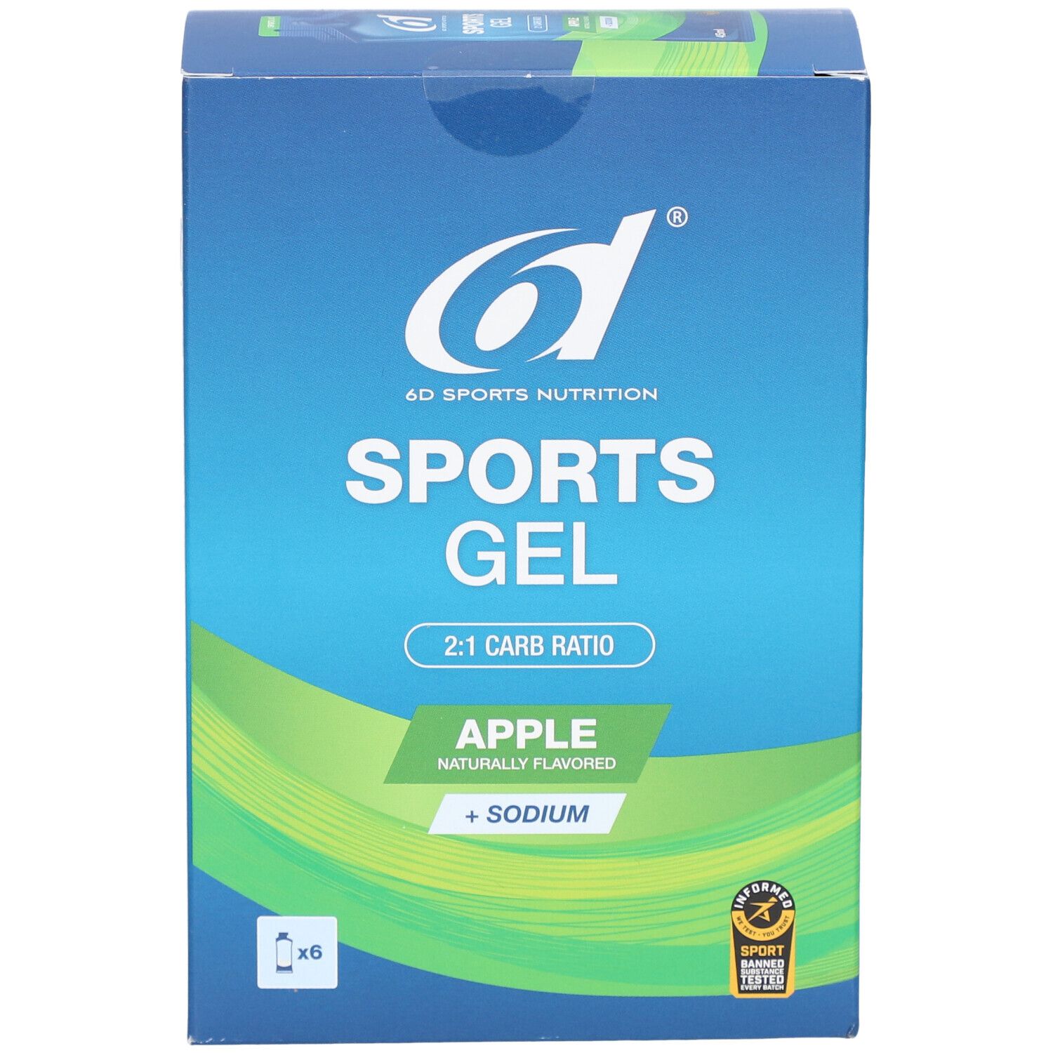 6d Sports Nutrition Sports Gel Pomme. Blaue Verpackung mit Produktnamen und Logo. Enthält 6 Beutel.