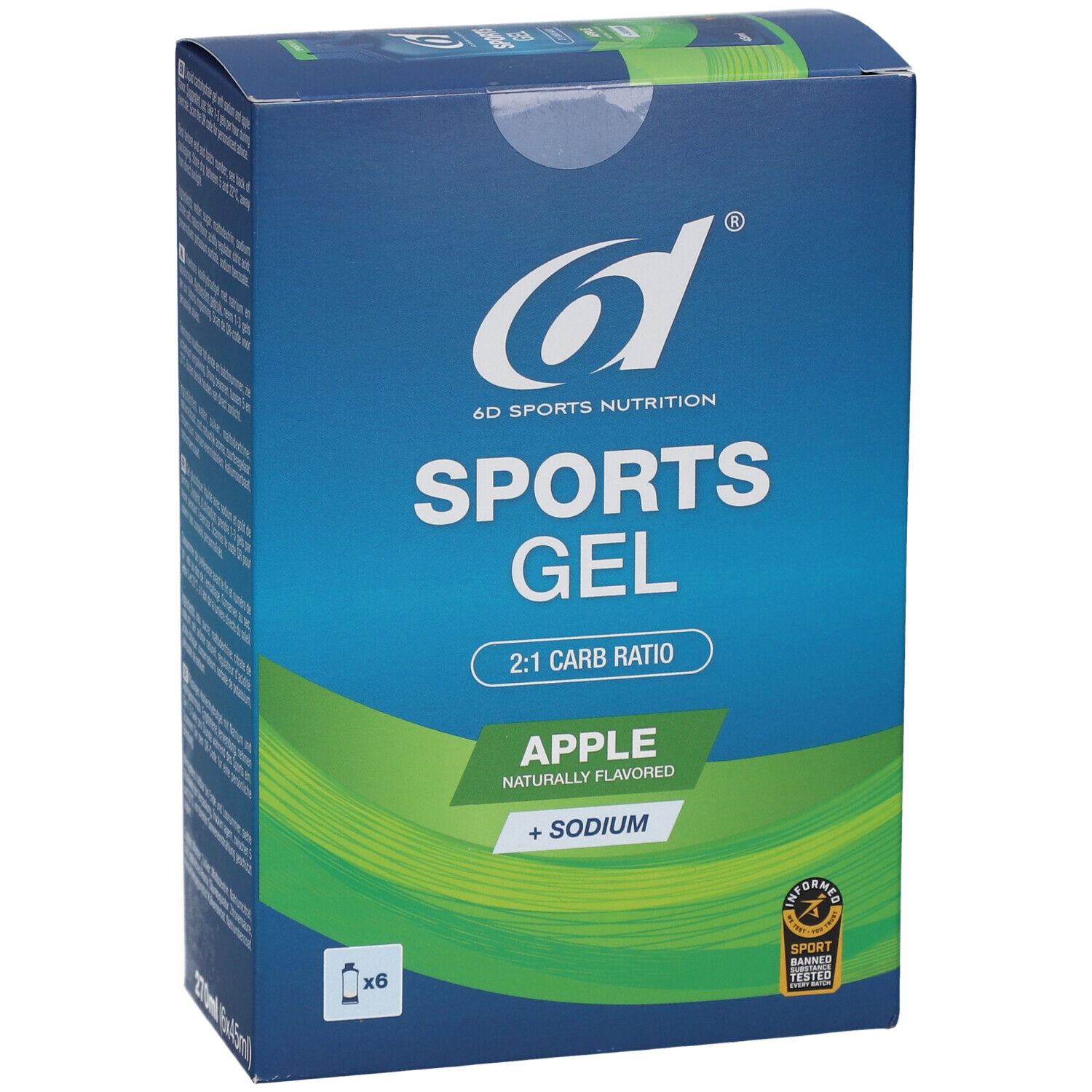 6d Sports Nutrition Sports Gel Pomme. Blaue Verpackung mit Produktnamen und Logo. Enthält 6 Beutel.