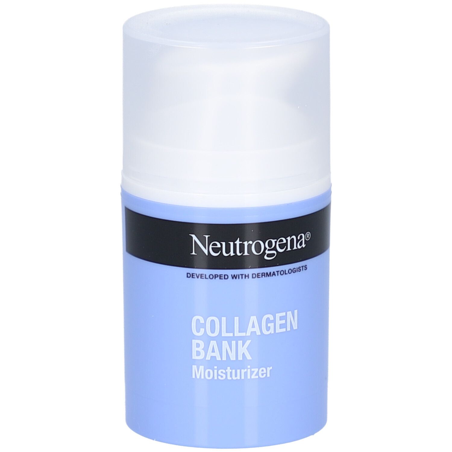 Neutrogena® Collagen Bank Feuchtigkeitspflege. Blaue Flasche mit weißem Deckel. Text.