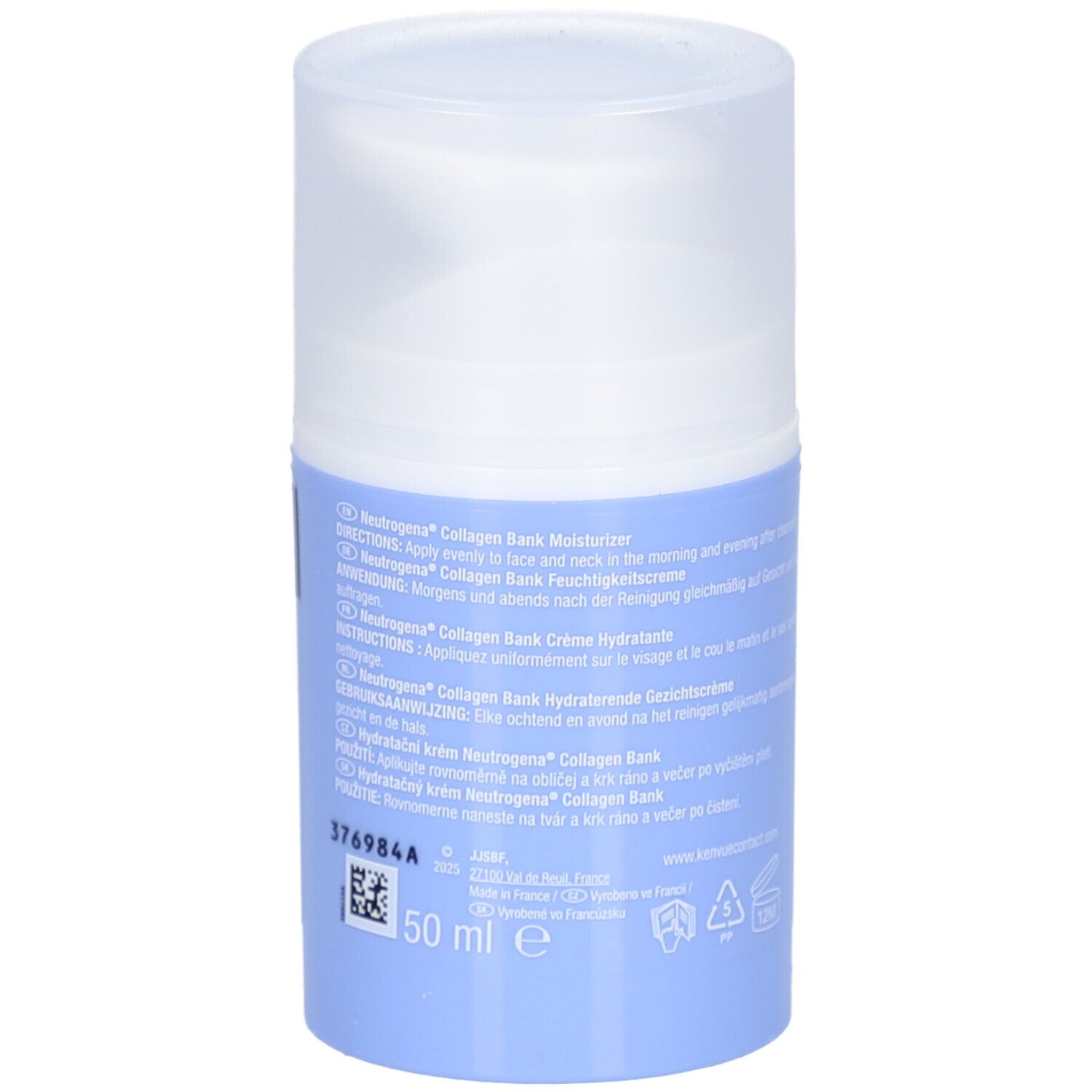 Neutrogena® Collagen Bank Feuchtigkeitspflege. Rückseite der Flasche. Text.