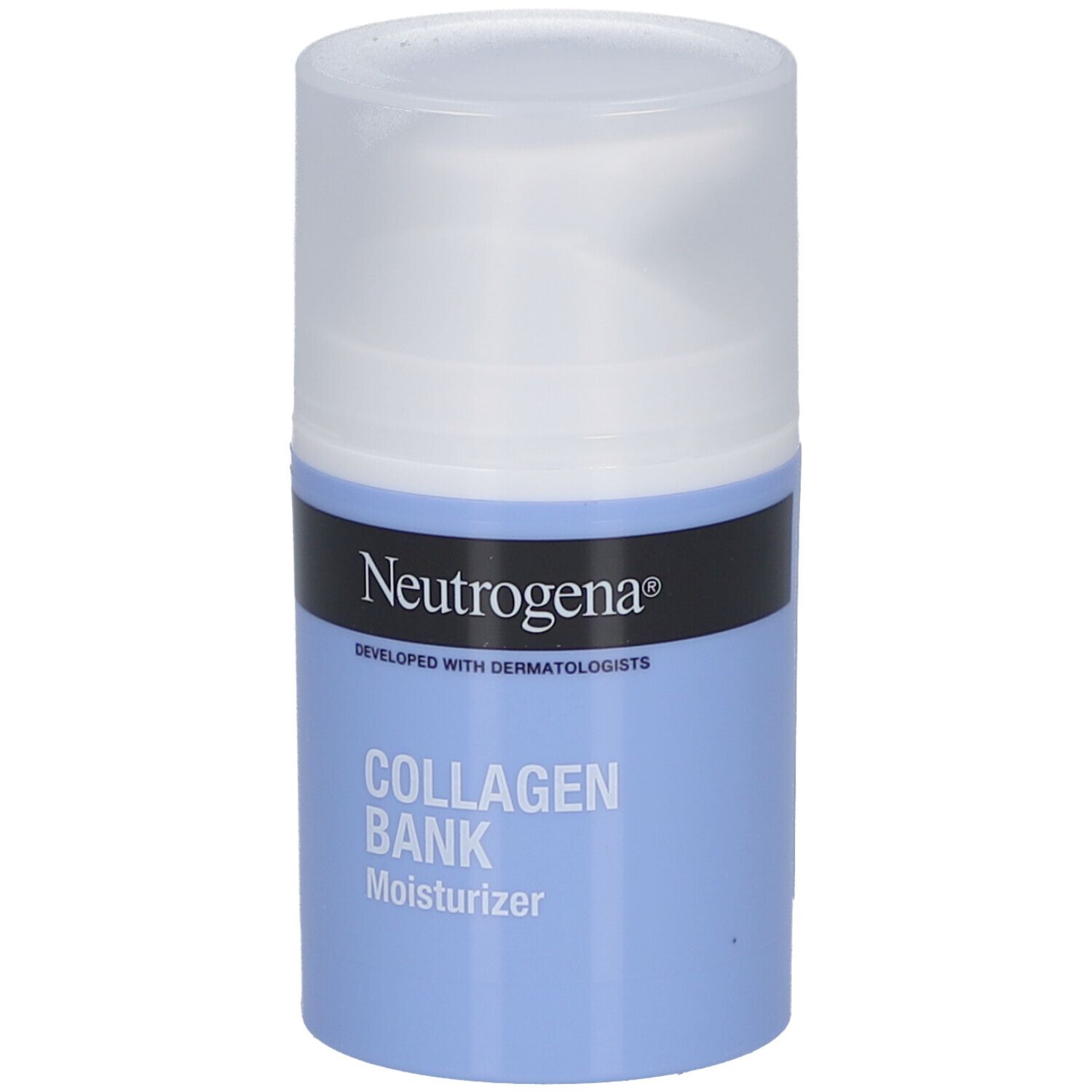 Neutrogena® Collagen Bank Feuchtigkeitspflege. Blaue Flasche mit weißem Deckel. Text.