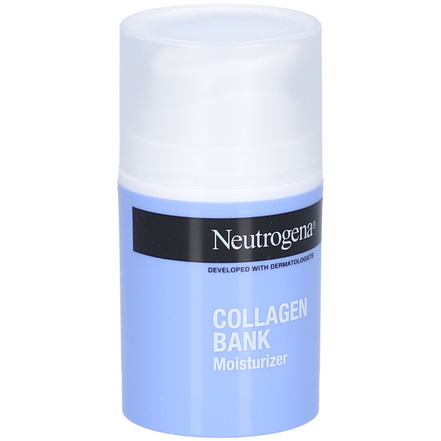 Neutrogena® Collagen Bank Feuchtigkeitspflege. Blaue Flasche mit weißem Deckel. Text.