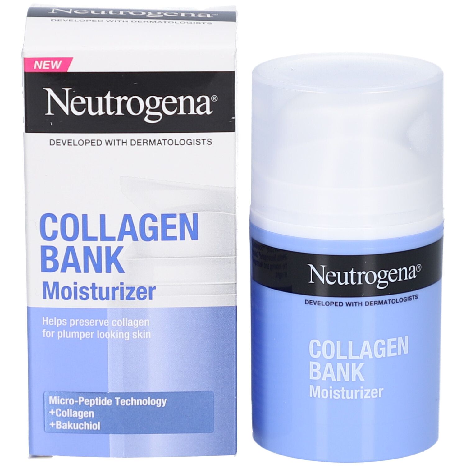 Neutrogena® Collagen Bank Feuchtigkeitspflege und Verpackung. Text.