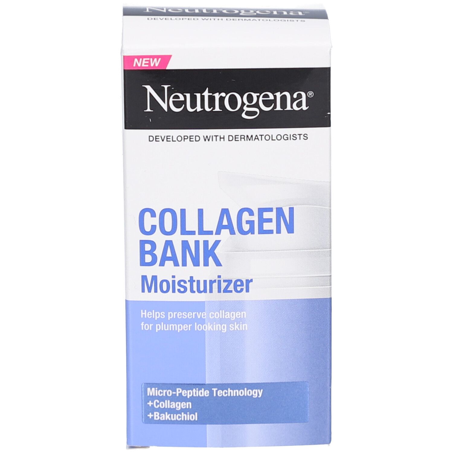 Neutrogena® Collagen Bank Feuchtigkeitspflege und Verpackung. Text.