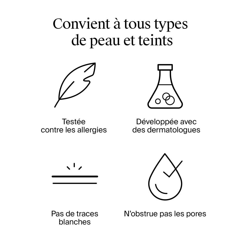 Graphiques : Convient à tous types de peau, testé, pas de traces blanches.