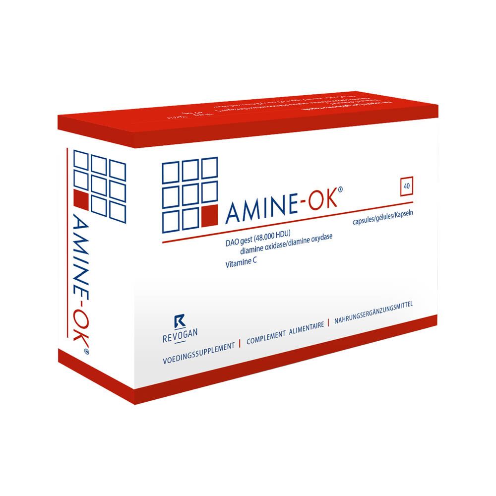 Verpackung von AMINE-OK® mit 40 Kapseln, enthält DAO und Vitamin C.