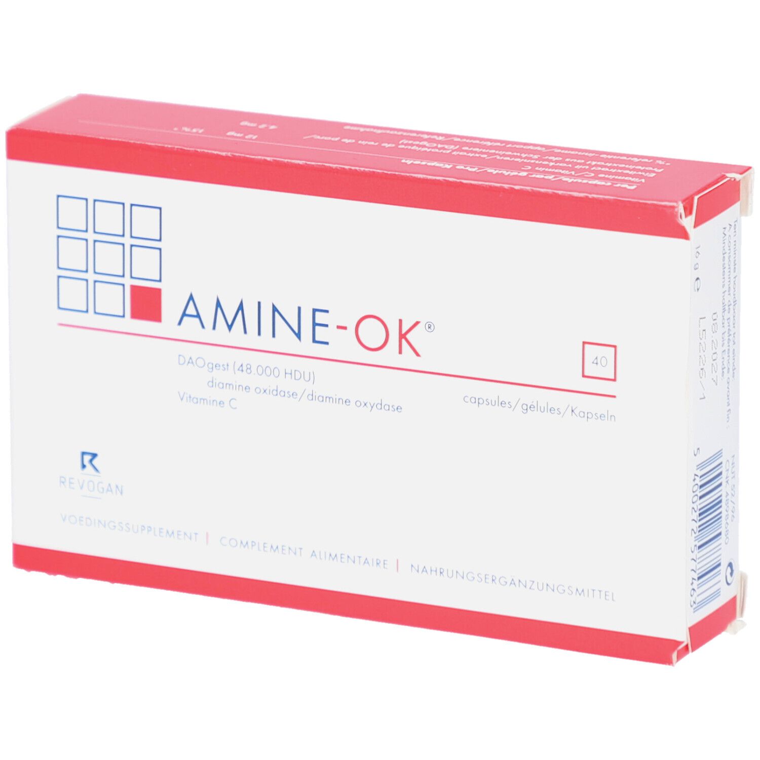 Weiße Schachtel mit rotem Deckel. Aufschrift AMINE-OK®, 40 Kapseln. Enthält DAOgest, Vitamin C.