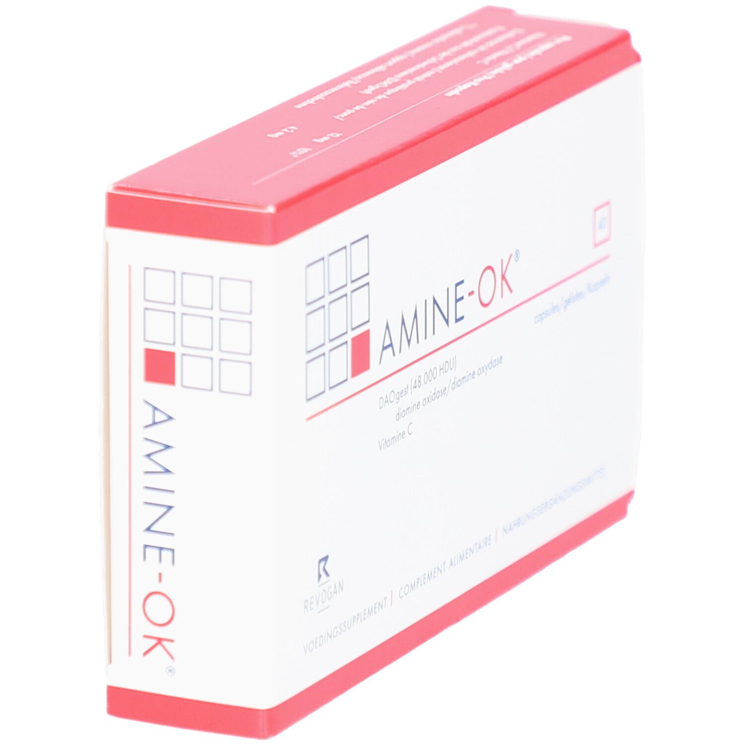 Schachtel AMINE-OK® mit rotem Deckel. Aufschrift AMINE-OK®, DAOgest, Vitamin C. Weiße Verpackung.