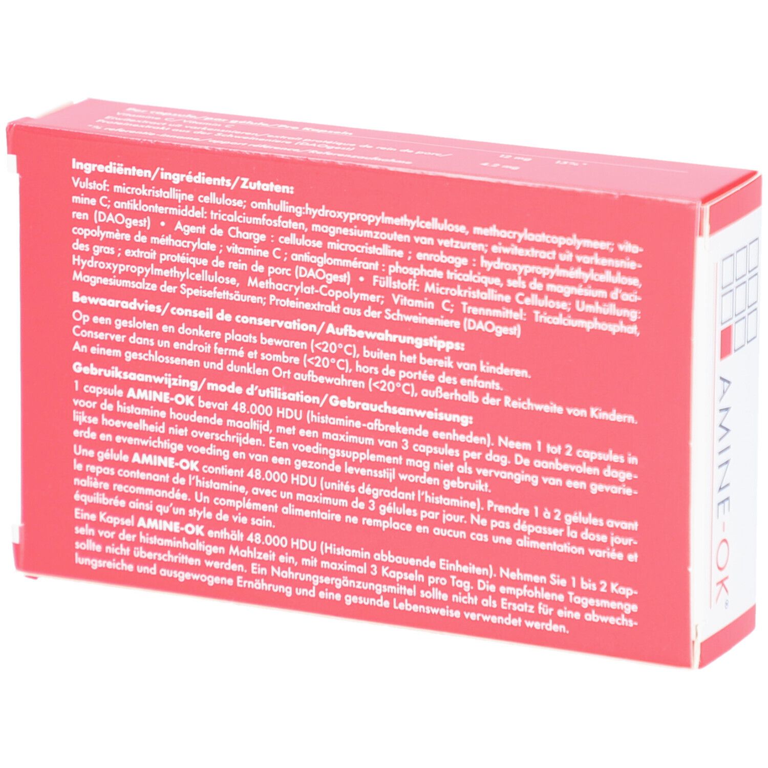 Rote und weiße Schachtel mit Text. Enthält Inhaltsstoffe, Gebrauchsanweisung und Hinweise zur Aufbewahrung.