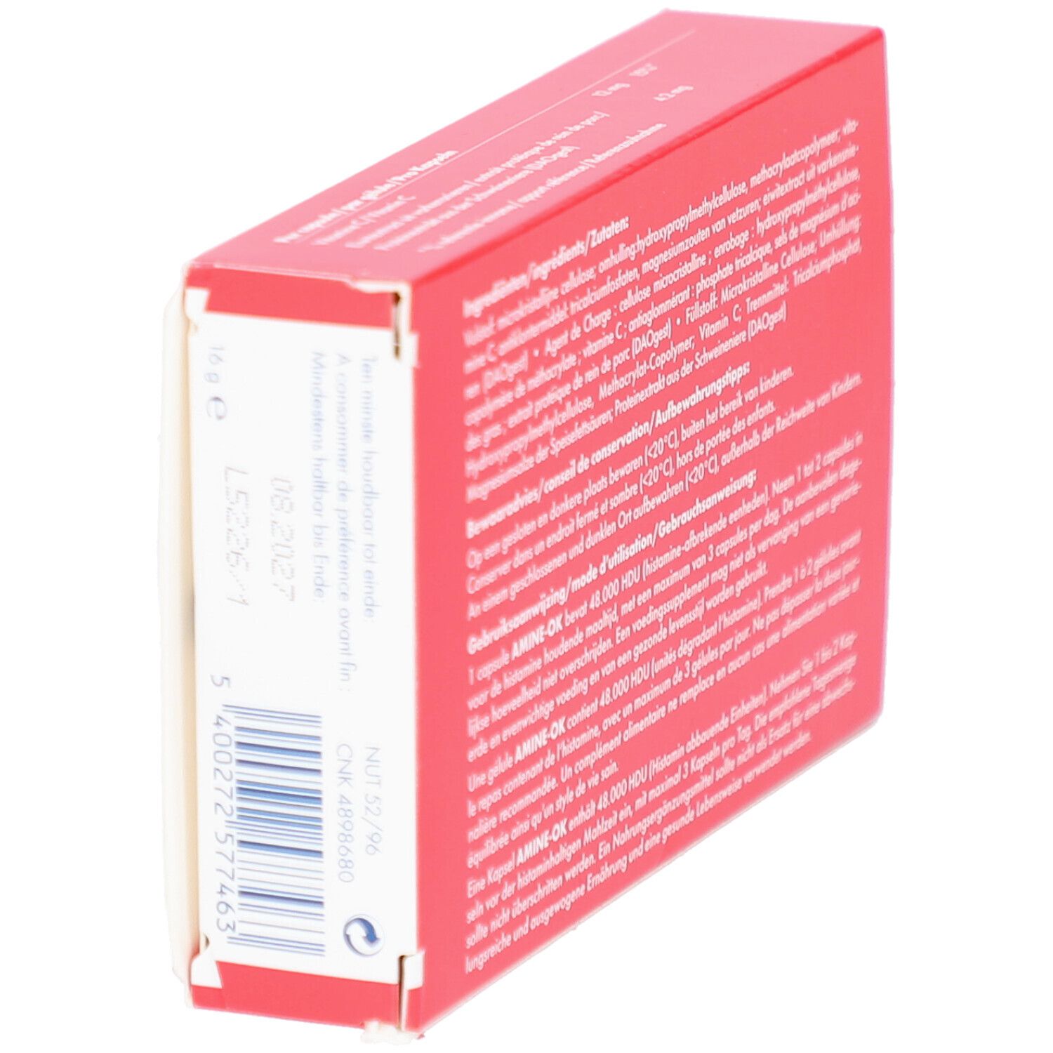 Rote Schachtel mit Text. Enthält Inhaltsstoffe, Gebrauchsanweisung und Hinweise zur Aufbewahrung.