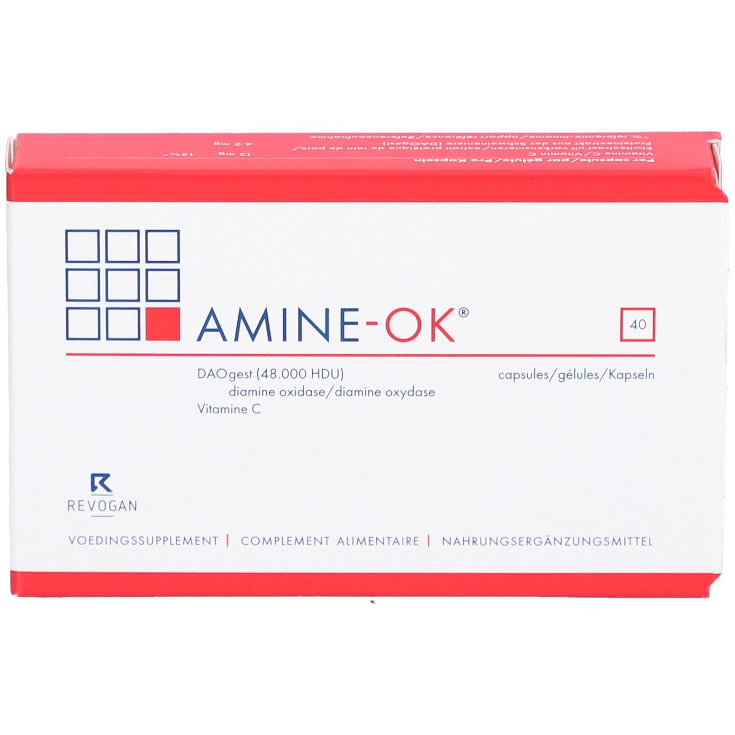 Weiße Schachtel mit rotem Deckel. Aufschrift AMINE-OK®, 40 Kapseln. Enthält DAOgest, Vitamin C.