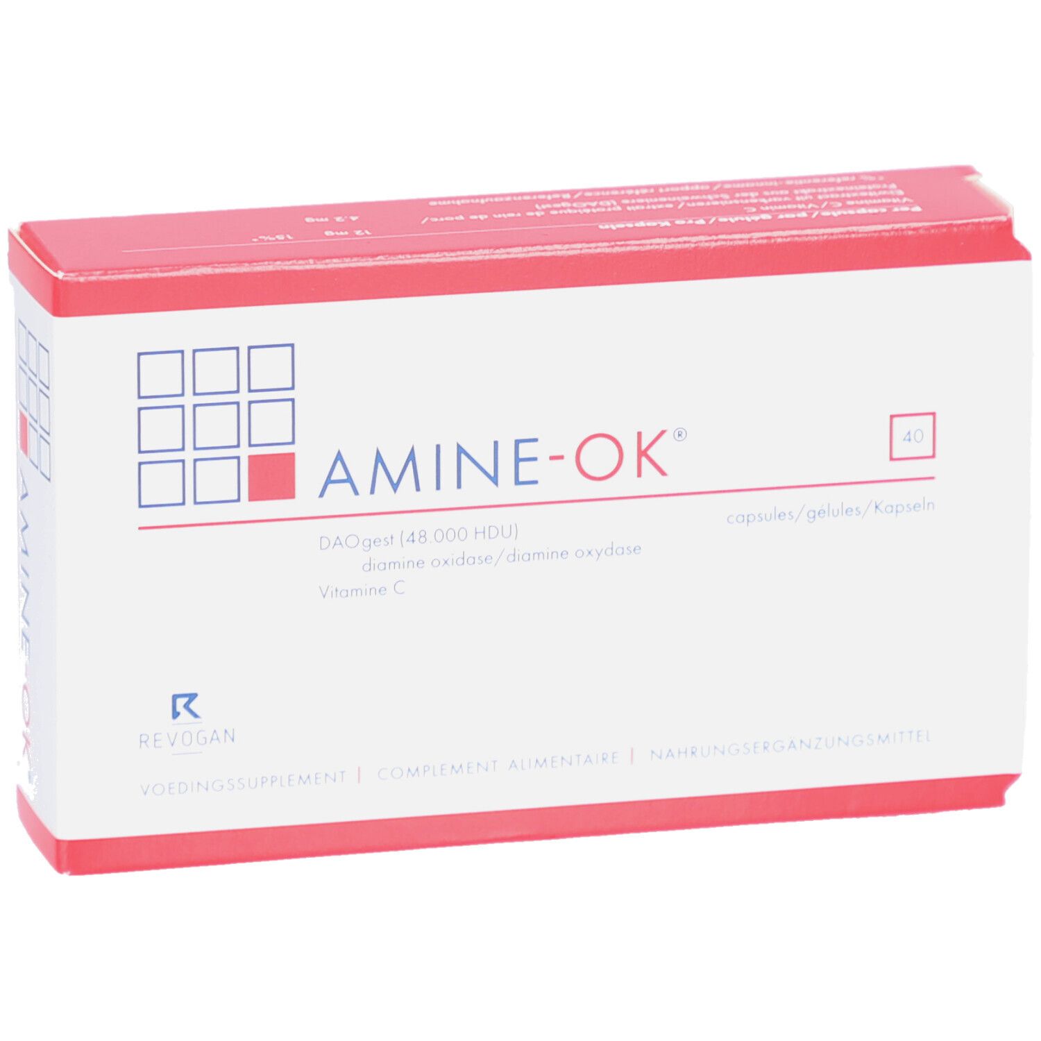 Weiße Schachtel mit rotem Deckel. Aufschrift AMINE-OK®, 40 Kapseln. Enthält DAOgest, Vitamin C.