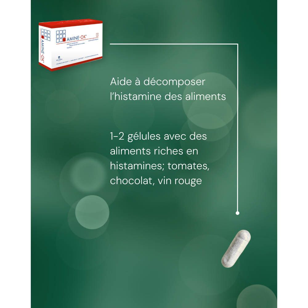 Boîte d'AMINE-OK® de 40 gélules, contient de la DAO et de la vitamine C.