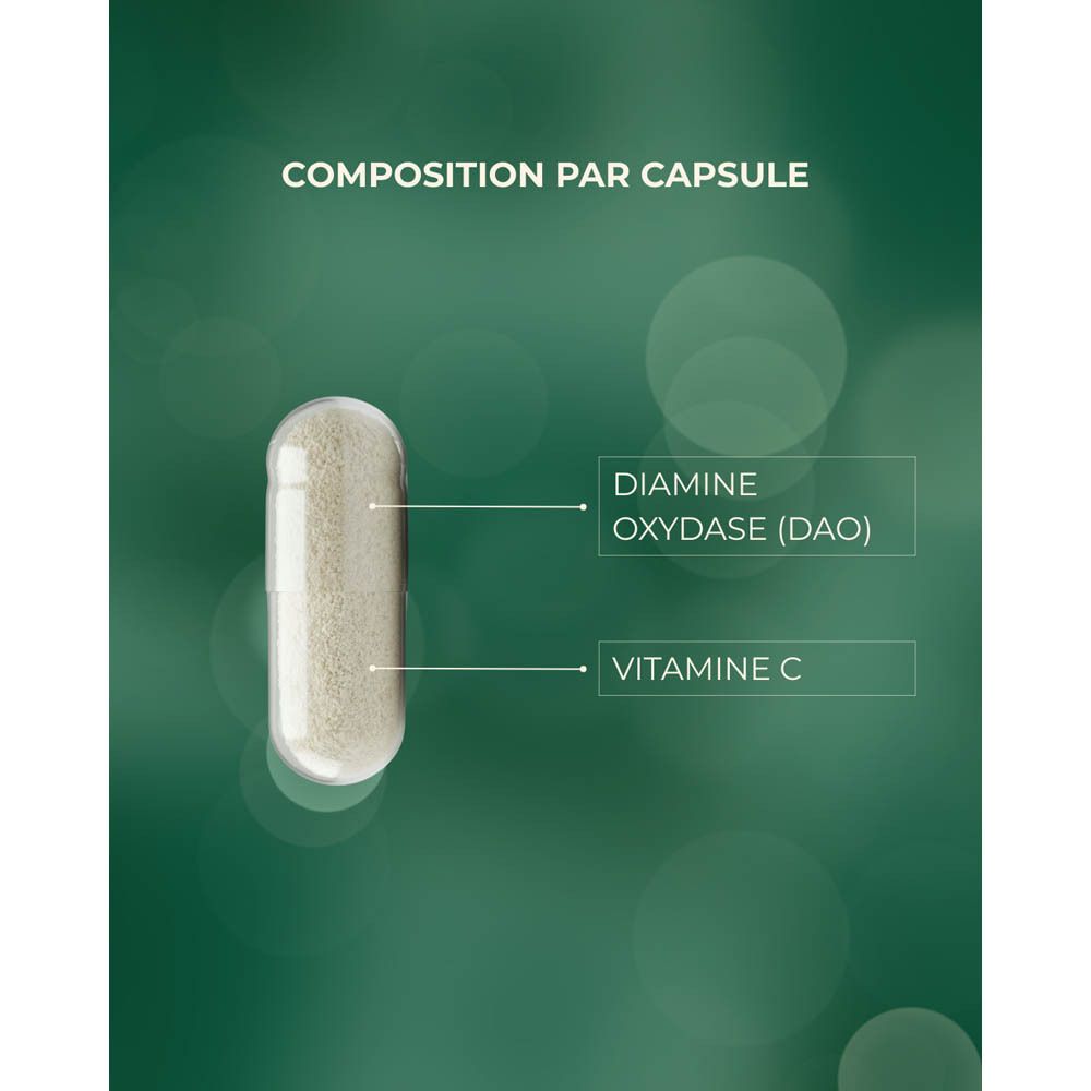 Boîte d'AMINE-OK® de 40 gélules, contient de la DAO et de la vitamine C.