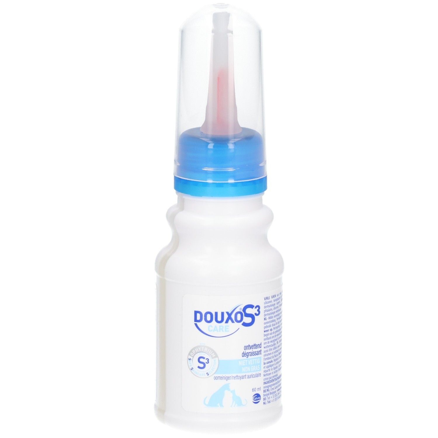 Flasche mit Douxo S3-Pflegeprodukt, 60 ml.