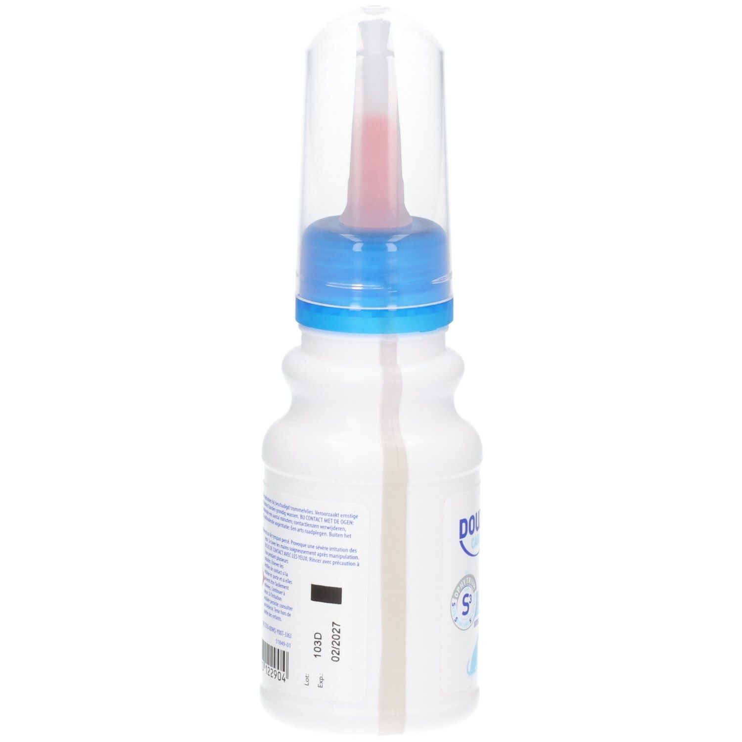 Flasche mit Douxo S3-Pflegeprodukt, 60 ml.
