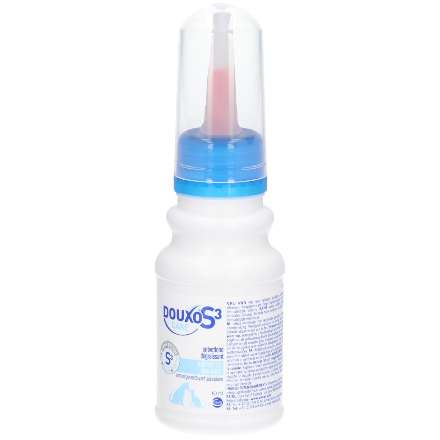Flasche mit Douxo S3-Pflegeprodukt, 60 ml.